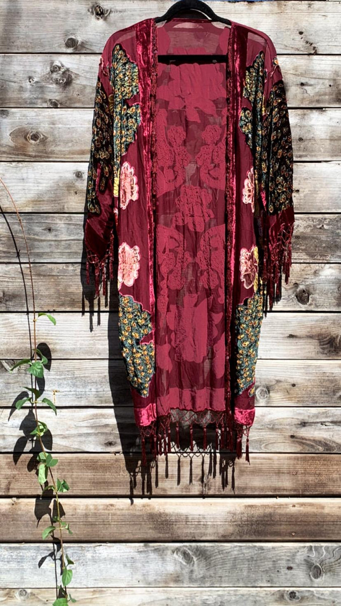 Ethos Luxurious Spring Goddess Silk Blend Velvet Fringe Mucha orders Kimono Cover Up