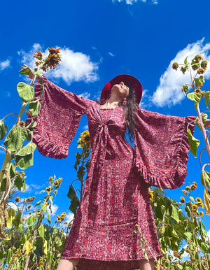 Pixie Slip Dress Set – Raspberry Maroon | 2-Piece Slip Dress & Ruffle Kimono | Boho Luxe | One Size (XS to 2X)