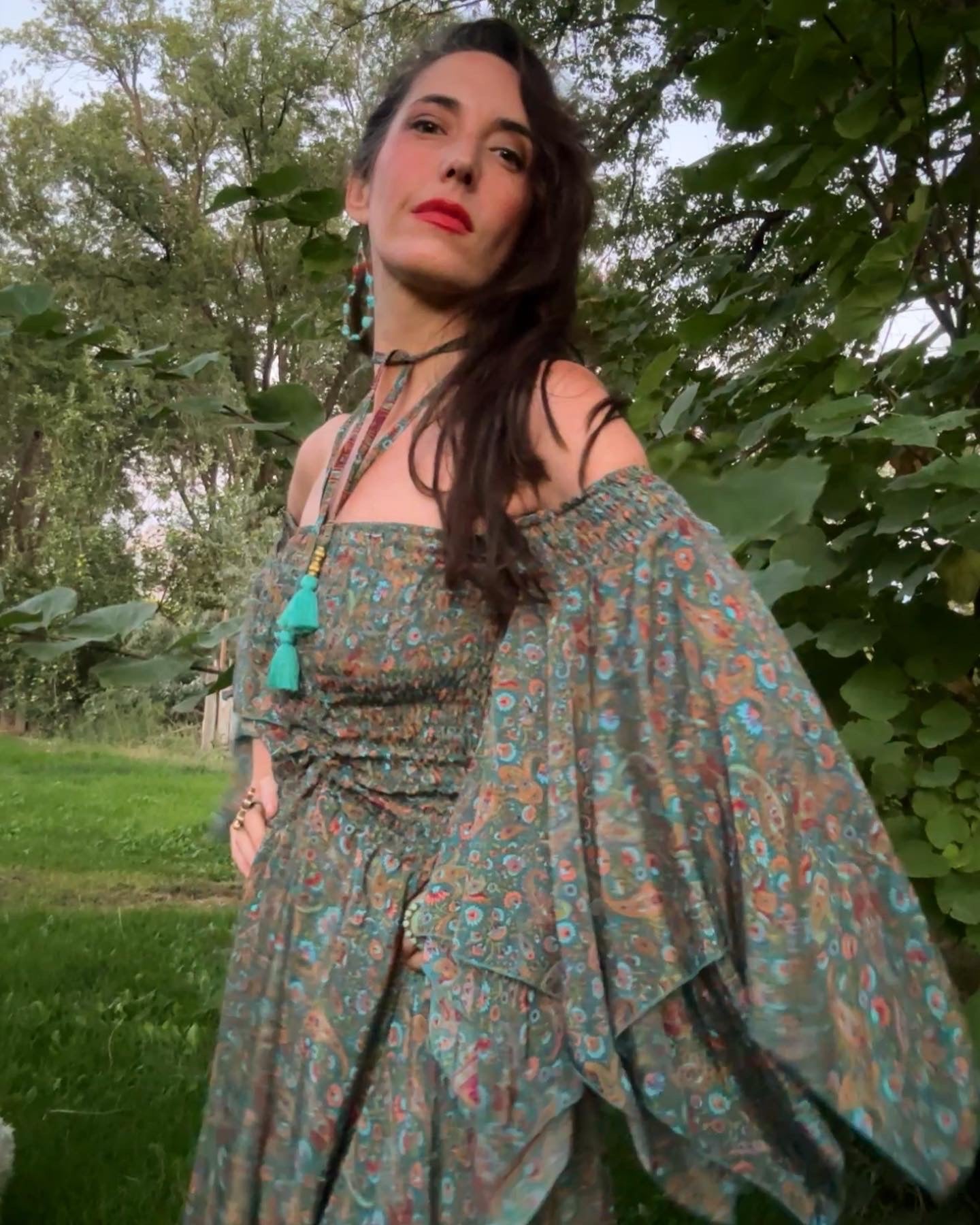 Stevie Nicks Dreams Dress, 70% Silk Two Layers, sizing XS to 5X, Enchanted Forest print