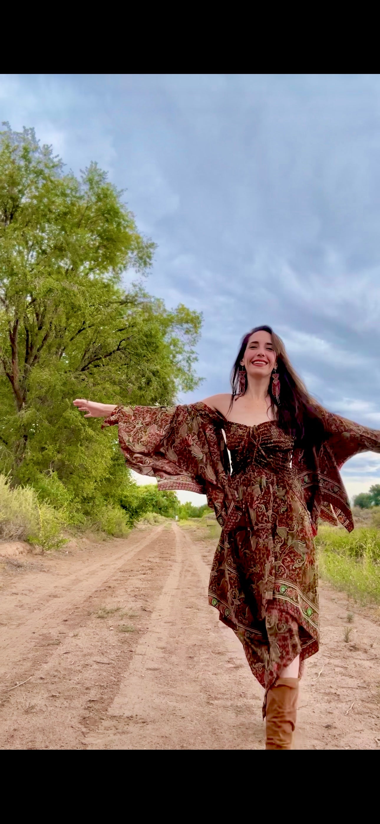 Stevie Nicks Dreams Dress – Ethereal Earth Print | 70% Silk | Double-Layered Boho Gown