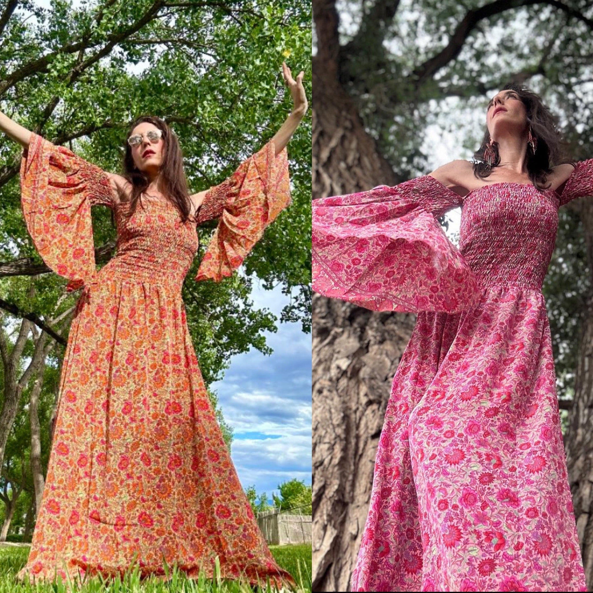 Butterfly Bell Sleeve Maxi Dress Silk Boho Fairy Dress | 70s Inspired | Orange or Pink Paisley | One Size (0-8) Pink Chery blossom Butterfly Bell Sleeve Maxi Dress Silk Boho Fairy Dress | 70s Inspired | Orange or Pink Paisley | One Size (0-8) Pink Chery blossom