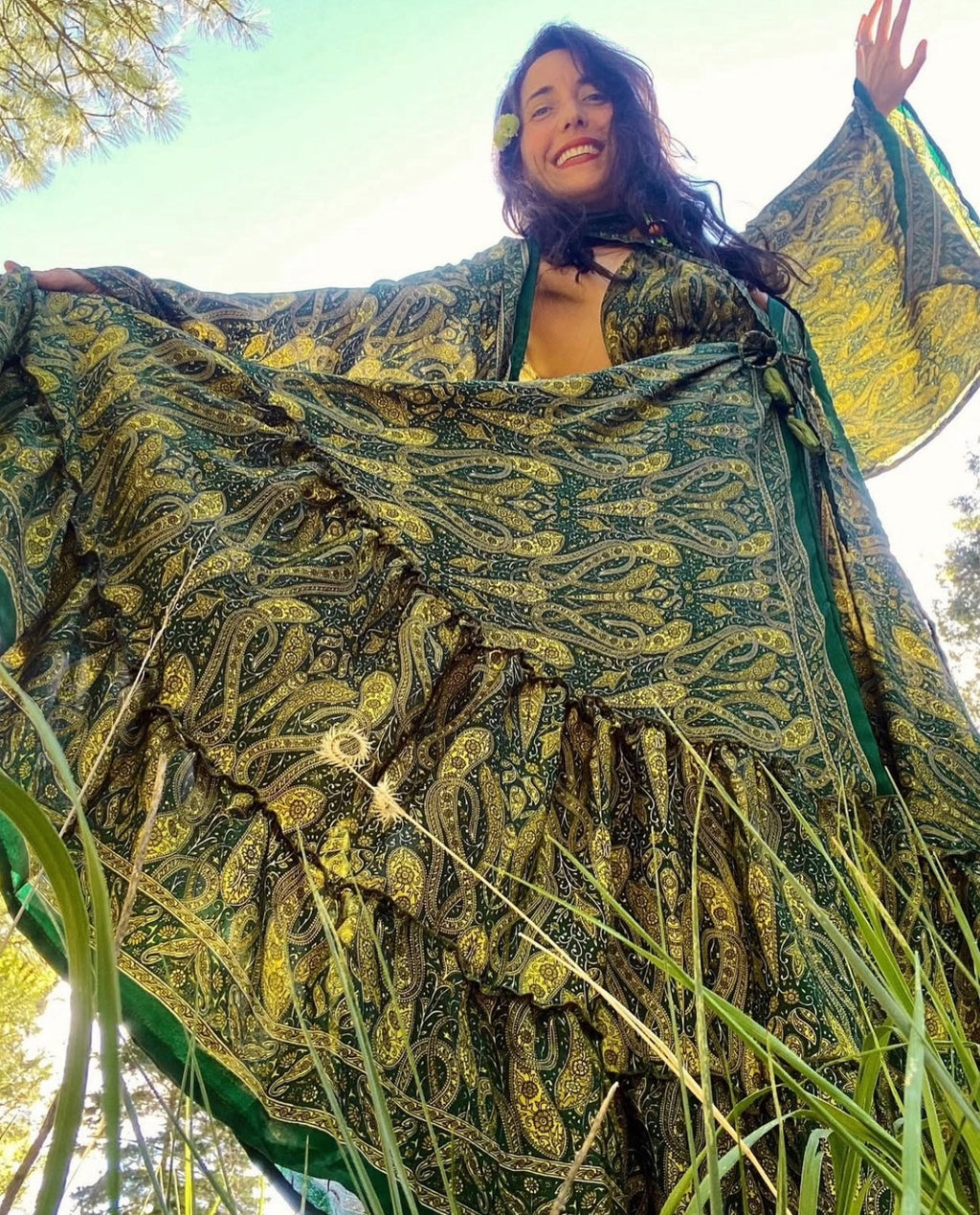 SILK DRESS SET Green 70s Paisley Halter Ruffle Maxi Kimono to Match Stevie Nicks