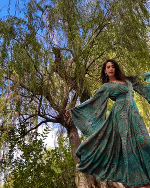 The Nina Feeling Good Dress Boho Maxi Dress with Dramatic Sleeves & Full Twirling Skirt | 70% Silk | Xs to XXL | 3 Prints Enchanted Autumn Brown The Nina Feeling Good Dress Boho Maxi Dress with Dramatic Sleeves & Full Twirling Skirt | 70% Silk | Xs to XXL | 3 Prints Enchanted Autumn Brown
