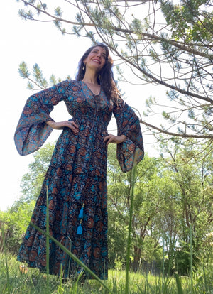 Sorceress Stevie Maxi Dress Long Sleeve Ruffle Tiered Boho Dress | Witchy Stevie Nicks-Inspired Gown | 70% Silk | Xs to 5X Xs/S / Black Groovy Sorceress Stevie Maxi Dress Long Sleeve Ruffle Tiered Boho Dress | Witchy Stevie Nicks-Inspired Gown | 70% Silk | Xs to 5X Xs/S / Black Groovy