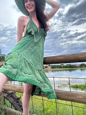 Green Goddess Halter Dress Short, 70% Silk Retro Ruffle Halter Dress, Shop Bouboulina Green Goddess Halter Dress Short, 70% Silk Retro Ruffle Halter Dress, Shop Bouboulina