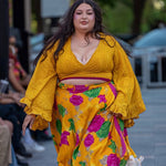 “SUNSHINE” WRAP SKIRT SET, 100% Silk Yellow Flower Child Crop Bell Sleeve Wrap Skirt, One Size-Plus