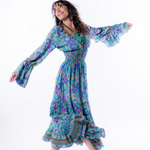Magic Mandala Bell Sleeve Dress – 100% Pure Silk | Retro Boho Holiday Maxi Dress | Fits XS to XL