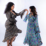 Magic Mandala Bell Sleeve Dress – 100% Pure Silk | Retro Boho Holiday Maxi Dress | Fits XS to XL