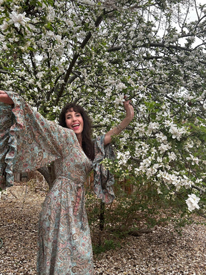 SILVER SPRINGS SUPER BELL SLEEVE WRAP DRESS,  Paisley Long Maxi, one size fits Xs to xl