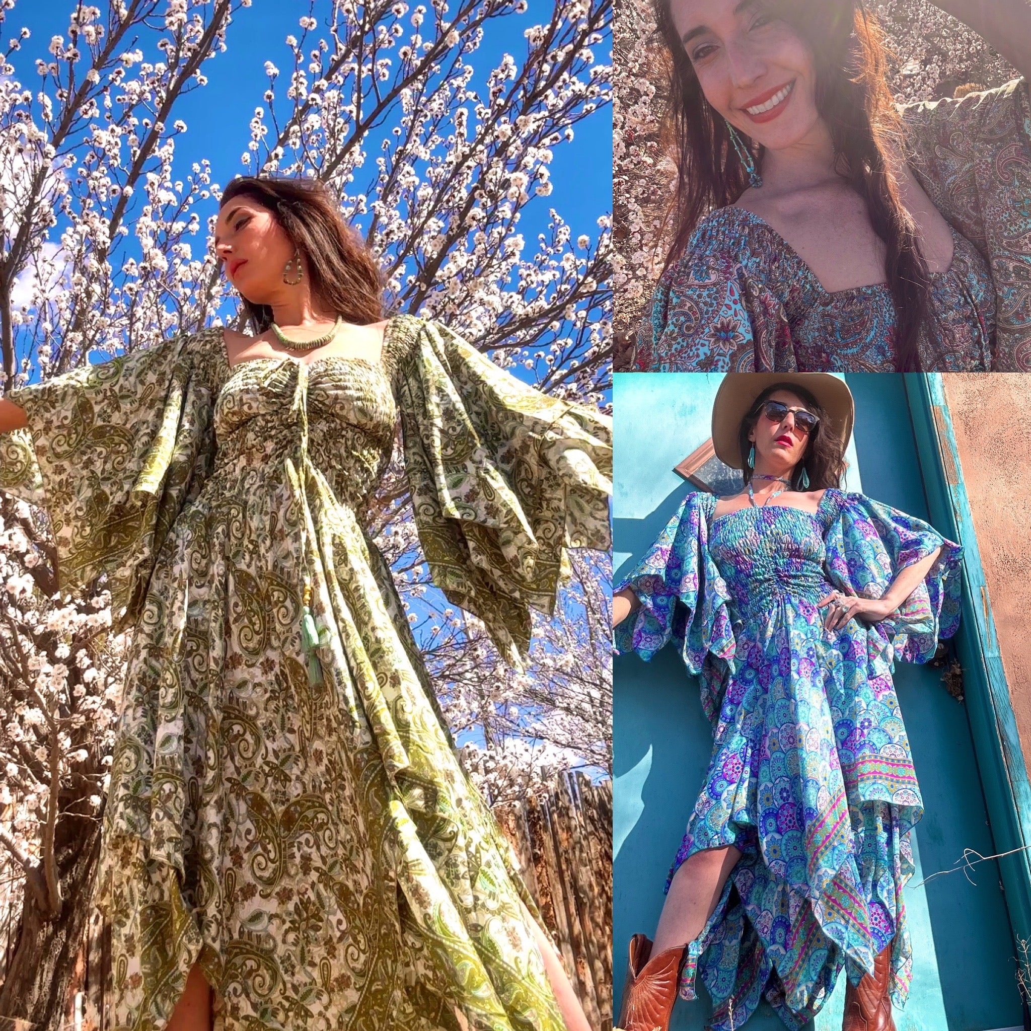 stevie nicks style dresses Stevie Dreams Dress – 70% Silk Two-Layer Maxi Dress | Fairytale, Blossom, Mandala Print | Fleetwood Mac Style
