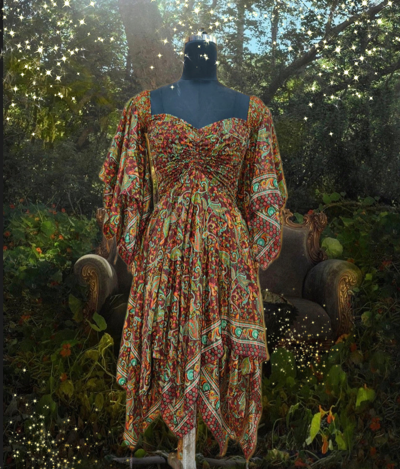 Stevie Nicks Dreams Dress, 70% Silk Two Layers, sizing XS to 5X, Ethereal Earth print