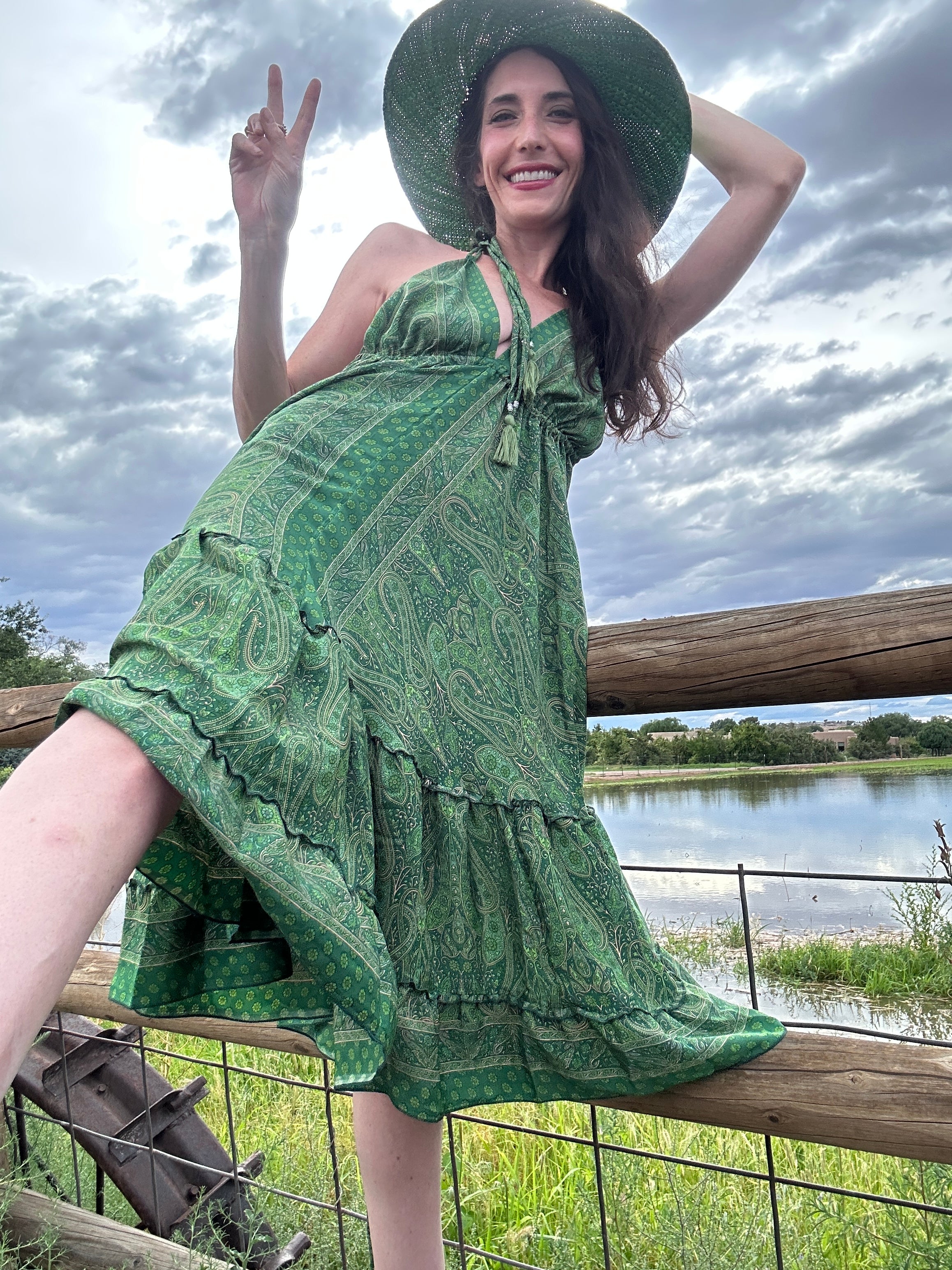 Green Goddess Halter Dress Short, 70% Silk Retro Ruffle Halter Dress, Short Dress, Fits One size xs-Xl Green Goddess Halter Dress Short, 70% Silk Retro Ruffle Halter Dress, Short Dress, Fits One size xs-Xl
