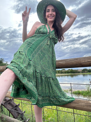 Green Goddess Halter Dress Short, 70% Silk Retro Ruffle Halter Dress, Shop Bouboulina Green Goddess Halter Dress Short, 70% Silk Retro Ruffle Halter Dress, Shop Bouboulina