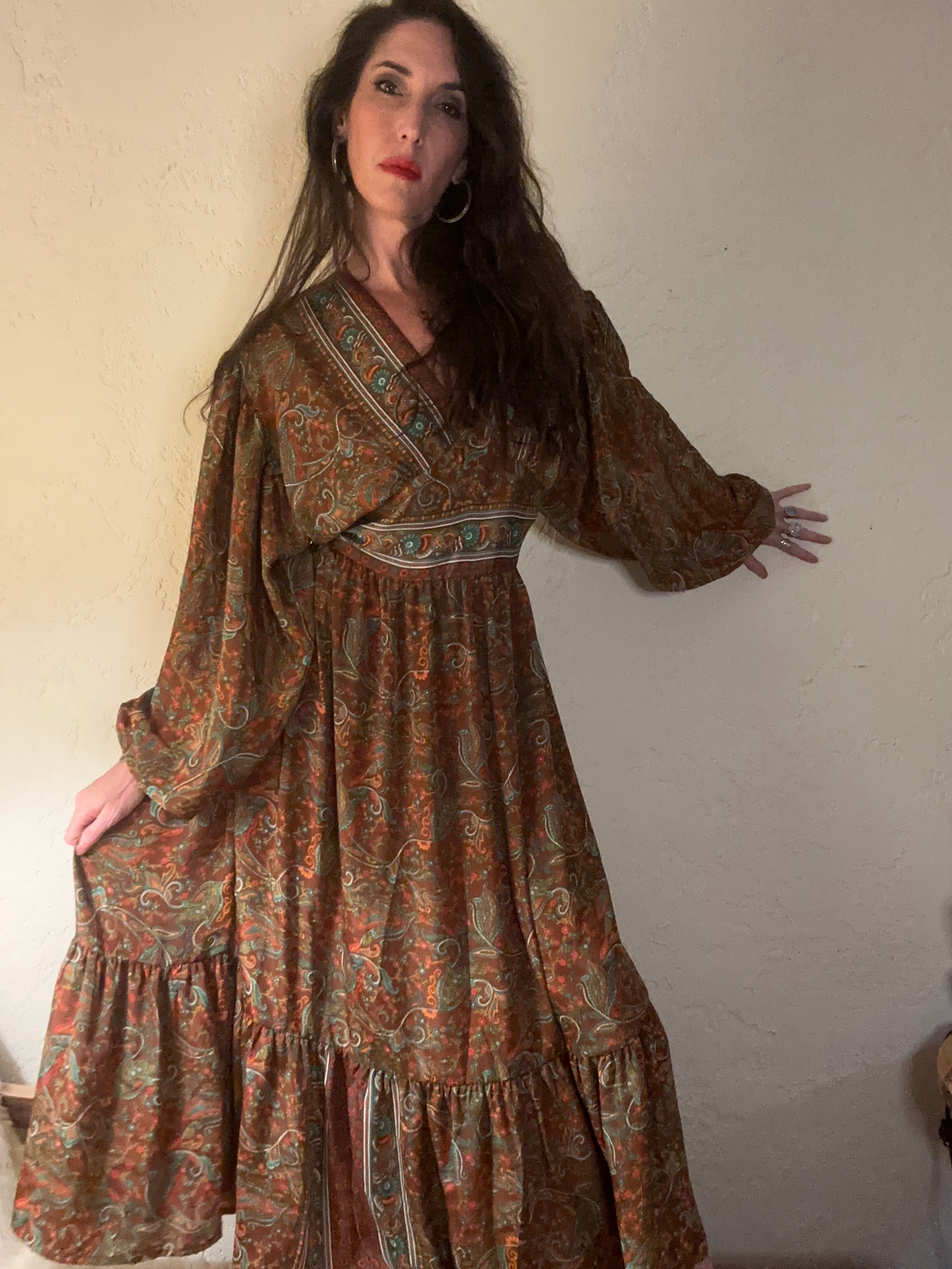 Dolly Parton Jolene Dress 70s Boho Iconic Maxi | Adjustable Waist | Free Sizing XS to 2X Enchanted Autumn Brown Dolly Parton Jolene Dress 70s Boho Iconic Maxi | Adjustable Waist | Free Sizing XS to 2X Enchanted Autumn Brown