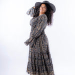 Magic Mandala Bell Sleeve Dress – 100% Pure Silk | Retro Boho Holiday Maxi Dress | Fits XS to XL