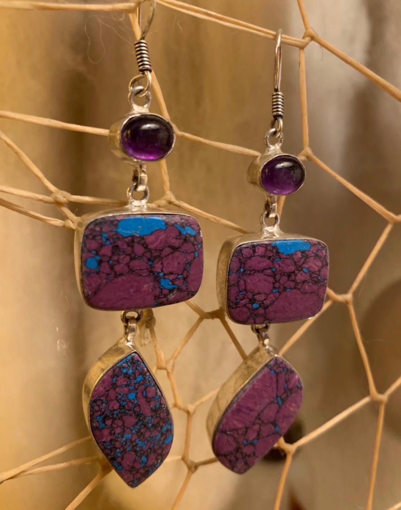 VINTAGE AMETHYST EARRINGS Silver Dangle Rare Native American Handcrafted