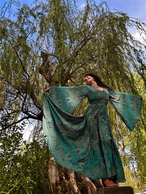 The Nina Feeling Good Dress Boho Maxi Dress with Dramatic Sleeves & Full Twirling Skirt | 70% Silk | XS to XXL | 3 Prints Enchanted Autumn Brown The Nina Feeling Good Dress Boho Maxi Dress with Dramatic Sleeves & Full Twirling Skirt | 70% Silk | XS to XXL | 3 Prints Enchanted Autumn Brown