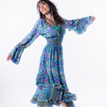 Magic Mandala Bell Sleeve Dress – 100% Pure Silk | Retro Boho Holiday Maxi Dress | Fits XS to XL