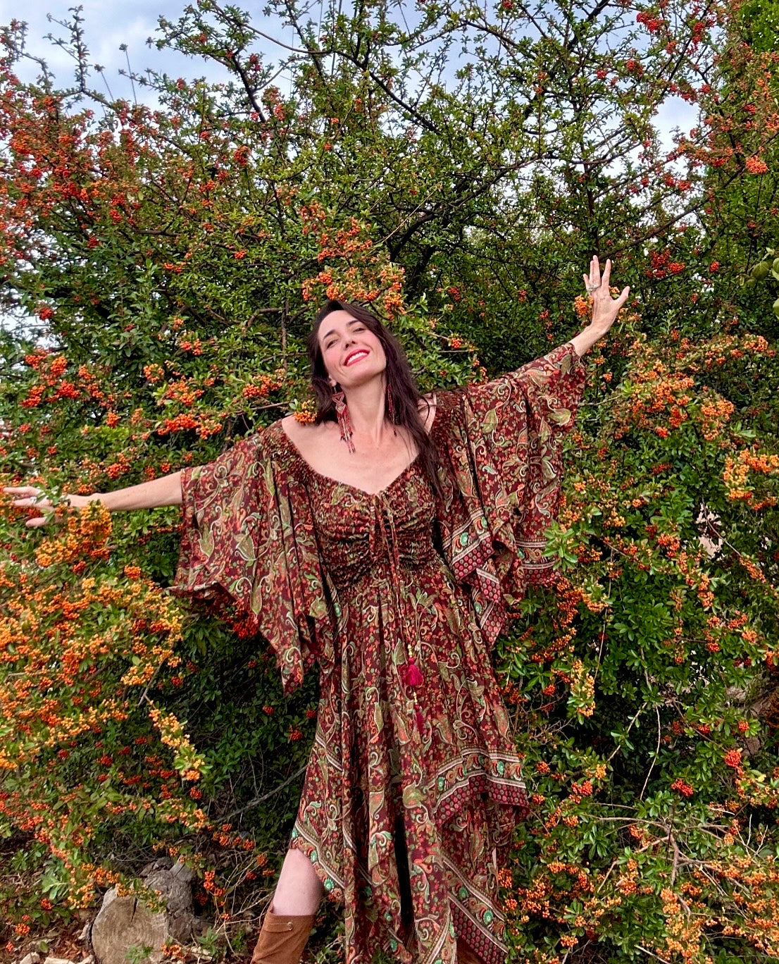 Stevie Nicks Dreams Dress – Ethereal Earth Print | 70% Silk | Double-Layered Boho Gown Stevie Nicks Dreams Dress – Ethereal Earth Print | 70% Silk | Double-Layered Boho Gown