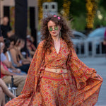 3 Piece SILK PANTS SET with Kimono Robe , orange 1970s, one size