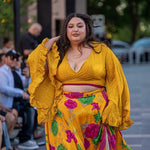 “SUNSHINE” WRAP SKIRT SET, 100% Silk Yellow Flower Child Crop Bell Sleeve Wrap Skirt, One Size-Plus