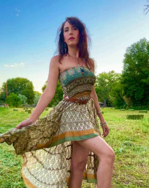 2 way DRESS/SKIRT SILK Eco Vintage waist xs/M Green