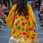 “SUNSHINE” WRAP SKIRT SET, 100% Silk Yellow Flower Child Crop Bell Sleeve Wrap Skirt, One Size-Plus