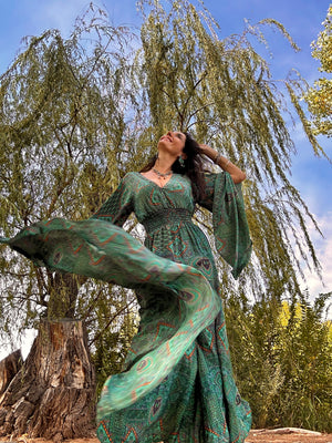 The Nina Feeling Good Dress Boho Maxi Dress with Dramatic Sleeves & Full Twirling Skirt | 70% Silk | XS to XXL | 3 Prints Enchanted Autumn Brown The Nina Feeling Good Dress Boho Maxi Dress with Dramatic Sleeves & Full Twirling Skirt | 70% Silk | XS to XXL | 3 Prints Enchanted Autumn Brown