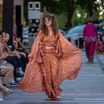 3 Piece SILK PANTS SET with Kimono Robe , orange 1970s, one size