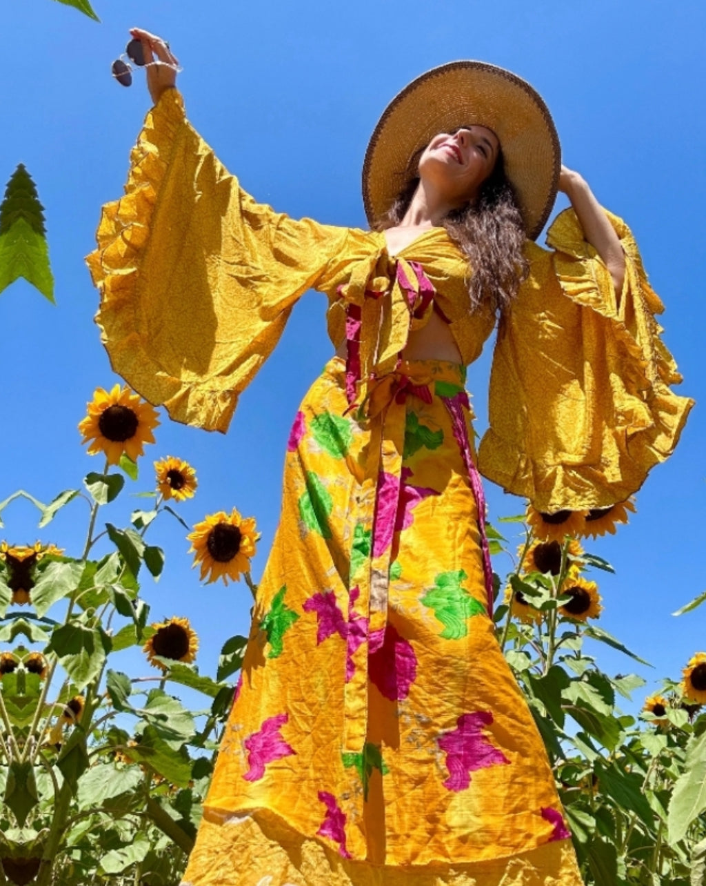 WRAP SKIRT Only Yellow Flower Child Crop Bell Sleeve Wrap Skirt All Silk One Size