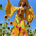 “SUNSHINE” WRAP SKIRT SET, 100% Silk Yellow Flower Child Crop Bell Sleeve Wrap Skirt, One Size-Plus