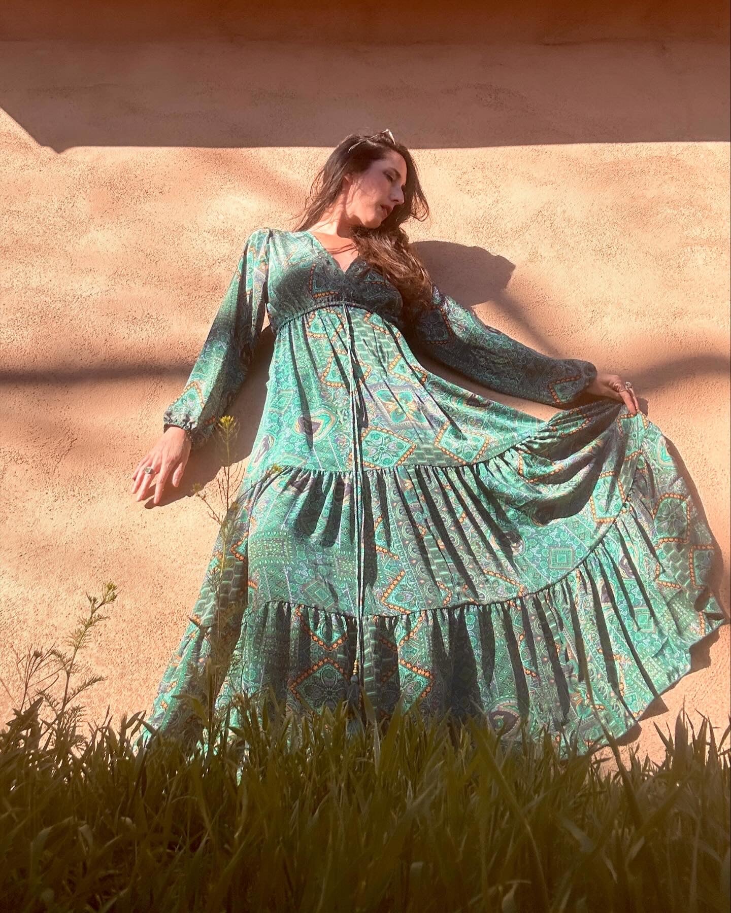 Gold Dust Woman Dress Stevie Nicks-Inspired Tiered Maxi | Silk Blend | One Size Peacock Gold Dust Woman Dress Stevie Nicks-Inspired Tiered Maxi | Silk Blend | One Size Peacock