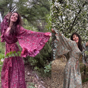 SILVER SPRINGS SUPER BELL SLEEVE WRAP DRESS, Paisley Long Maxi, one size fits Xs to xl Raspberry