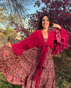 SILK SKIRT SET Raspberry Velvet Bell Sleeve Top with Tiered Skirt One Size Silk Rayon Blend