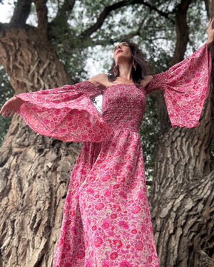 Butterfly Bell Sleeve Maxi Dress Silk Boho Fairy Dress | 70s Inspired | Orange or Pink Paisley | One Size (0-8) Pink Chery Blossom Butterfly Bell Sleeve Maxi Dress Silk Boho Fairy Dress | 70s Inspired | Orange or Pink Paisley | One Size (0-8) Pink Chery Blossom
