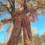 STEVIE STAND BACK Jumpsuit,  Ethereal Autumn Paisley Super Bell Sleeves , one size fits Xs to M