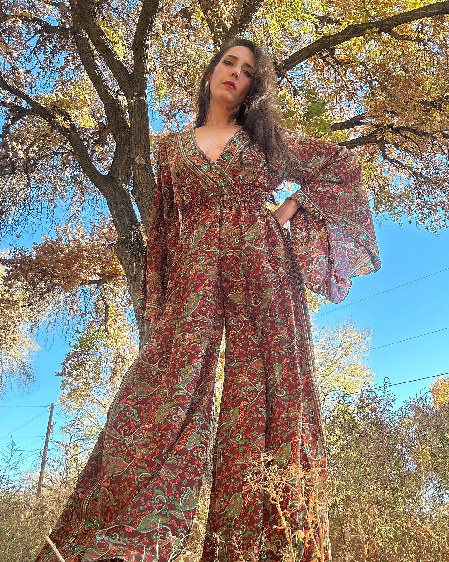 STEVIE STAND BACK Jumpsuit,  Ethereal Autumn Paisley Super Bell Sleeves , one size fits Xs to M