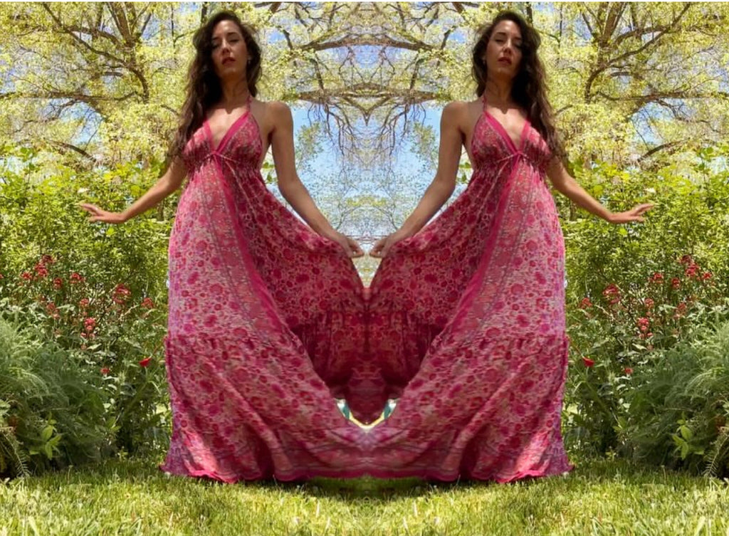 SILK DRESS Halter Pink Garden 70% Silk
