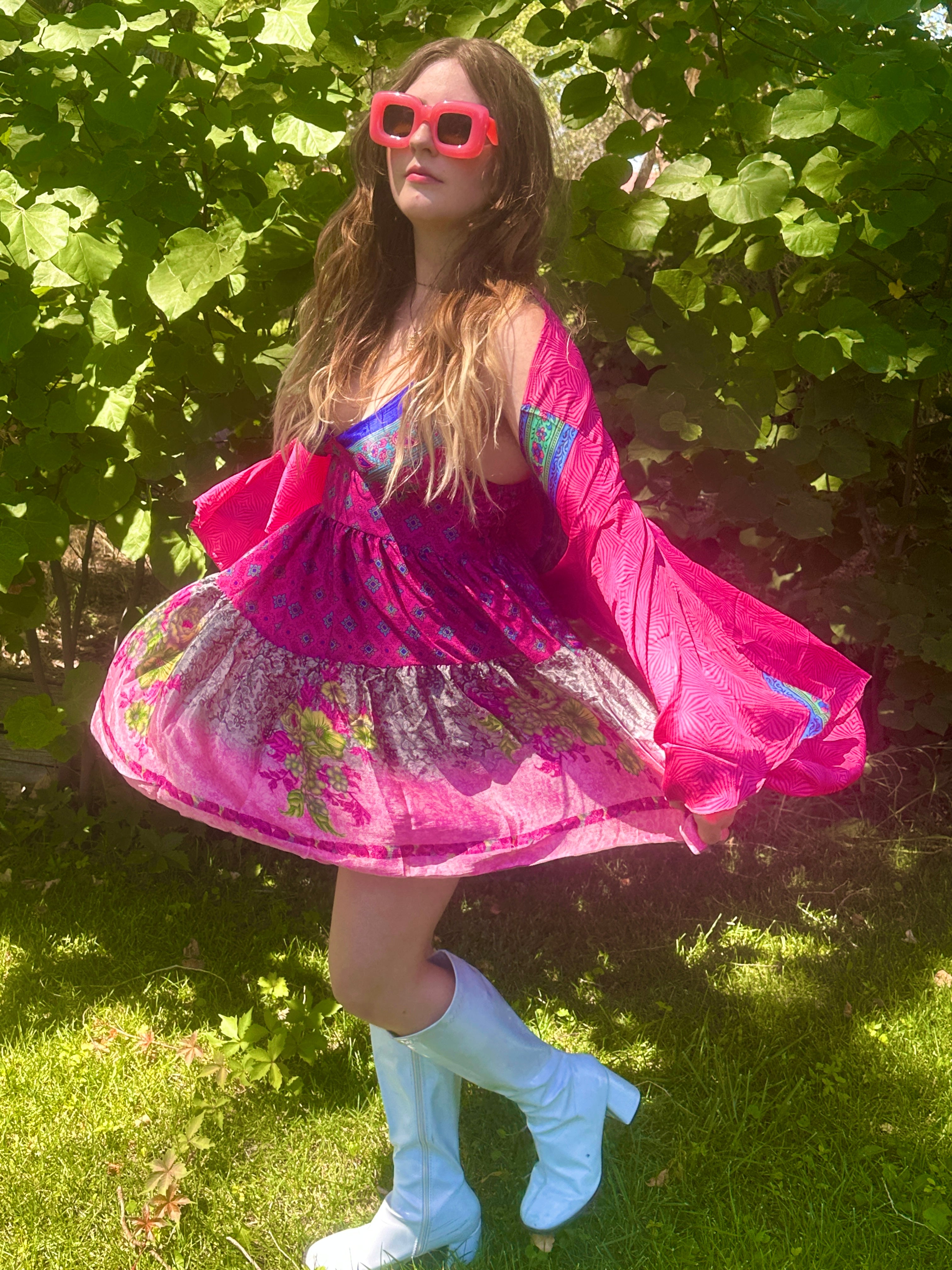 70s Barbie, 2 PC Outfit, Silk Mini Dress with Matching Bell Sleeve, Eco Vintage Print Adjustable Strap XXS to Large 70s Barbie, 2 PC Outfit, Silk Mini Dress with Matching Bell Sleeve, Eco Vintage Print Adjustable Strap XXS to Large