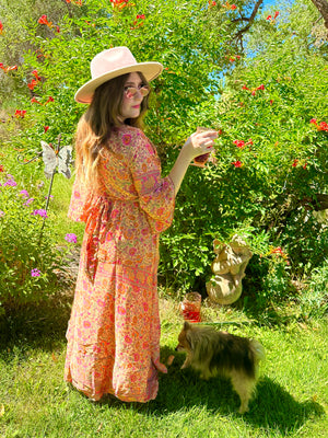 Hippie Boho 2 Piece Dress Outfit Set, 70s Style Bell Sleeve Tie