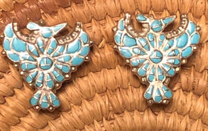 VINTAGE THUNDERBIRD EARRINGS Turquoise Sterling Silver Stamped Rare Unique Tiny Inlay