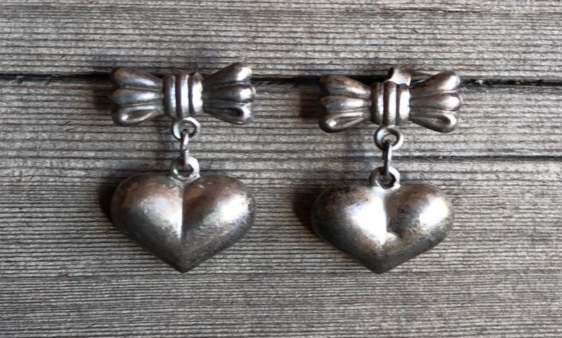 VINTAGE HEART EARRINGS Sterling Silver With Bows 1970s Handmade