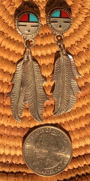 FEATHER NATIVE EARRINGS Zuni Native Sunface Sterling Silver Abalone Coral Turquoise Inlay