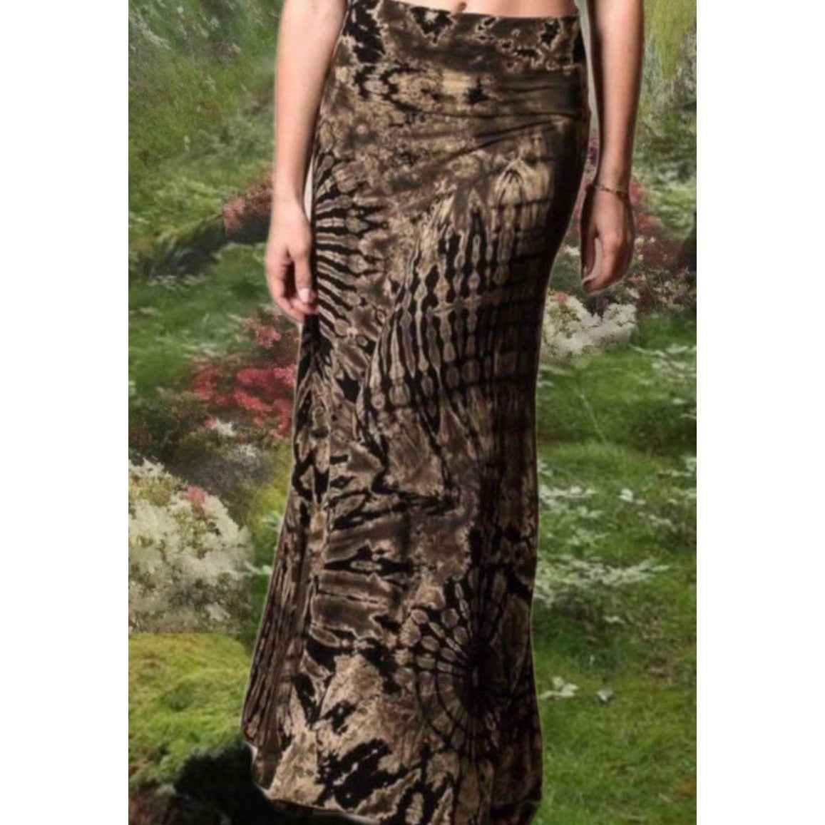 STRETCH MAXI SKIRT Tie Dye Black Tan small to large