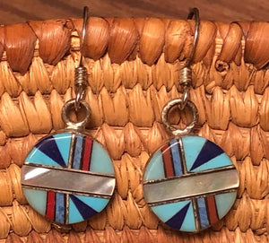 VINTAGE NATIVE EARRINGS Handmade Rare Zuni Inlay Turquoise Abalone Coral Silver