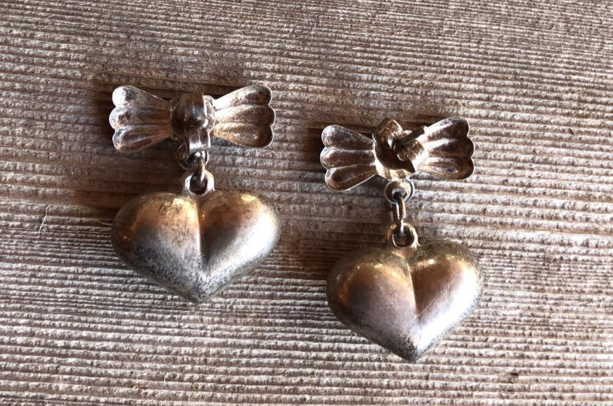 VINTAGE HEART EARRINGS Sterling Silver With Bows 1970s Handmade