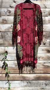 PEACOCK HAND-BEADED KIMONO Silk Burnout Velvet One Size Goddess Robe