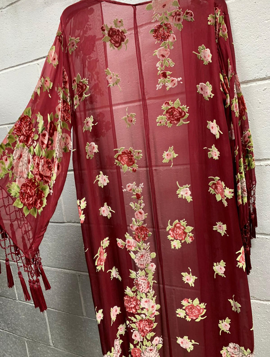 SILK HANDBEADED KIMONO Raspberry Rose Garden One Size Silk Velevt Burnout