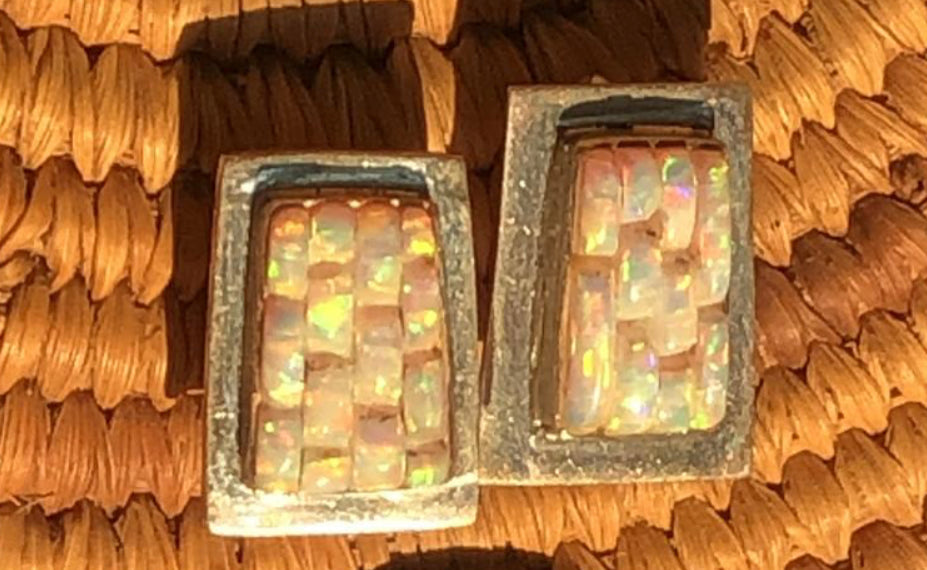 OPAL SILVER EARRINGS Posts Inlay Rare Zuni Native American Vintage