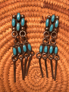 VINTAGE TURQUOISE EARRINGS Nickel Rare Lightweight Fringes